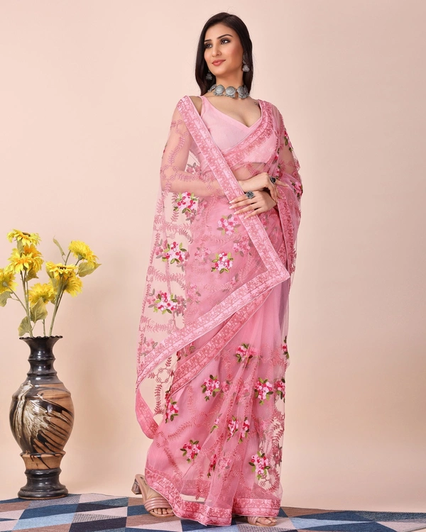 FWVLS CHIKANKARI EMBROIDERED SOFT NET SAREE WITH BLOUSE PIECE - Pink