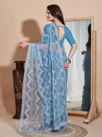FWVLS DESIGNER SOFT NET SEQUINS WORK SAREE WITH BLOUSE PIECE - Blue