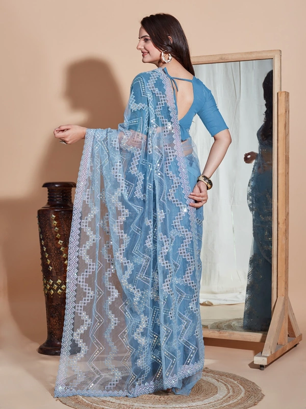 FWVLS DESIGNER SOFT NET SEQUINS WORK SAREE WITH BLOUSE PIECE - Blue