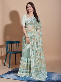 FWVLS BUTTERFLY NET PARTY WEAR EMBROIDRED SAREE WITH BLOUSE - Rainee Green