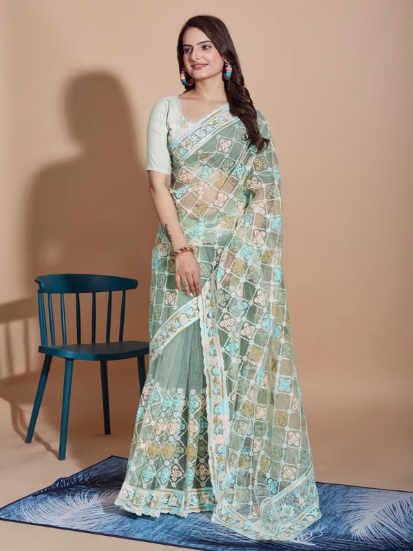 FWVLS BUTTERFLY NET PARTY WEAR EMBROIDRED SAREE WITH BLOUSE - Rainee Green