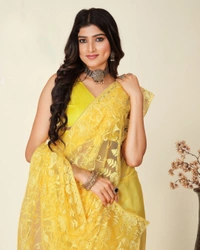 FWVLS SOFT NET CHIKANKARI EMBROIDRED SAREEE WITH BLOUSE PIECE - Yellow