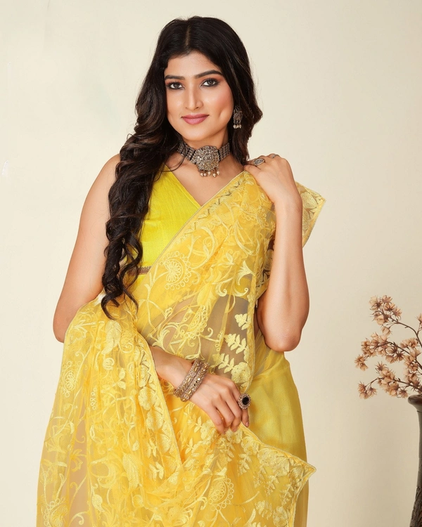 FWVLS SOFT NET CHIKANKARI EMBROIDRED SAREEE WITH BLOUSE PIECE - Yellow