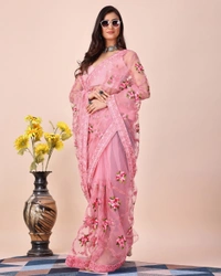 FWVLS CHIKANKARI EMBROIDERED SOFT NET SAREE WITH BLOUSE PIECE - Pink