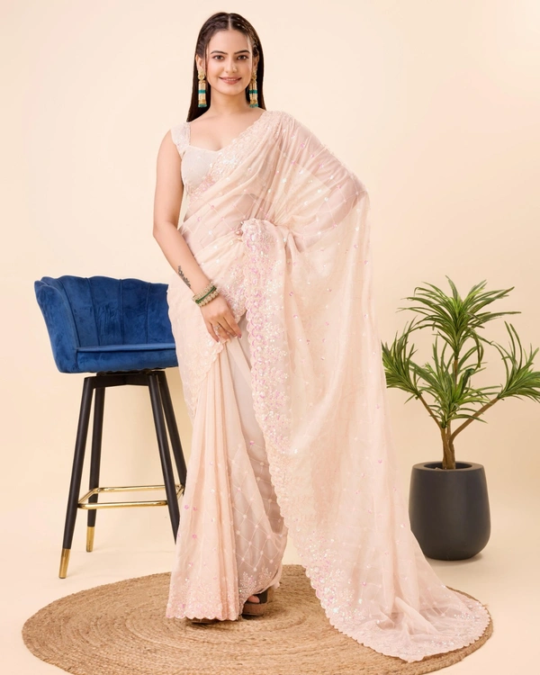 FWVLS PARTY WEAR TABBY SILK ORGANZA SAREE WITH BLOUSE PIECE - Cream