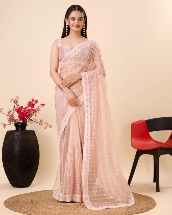 FWVLS PARTY WEAR SEQUINS EMBROIDERED SOFT NET SAREE WITH BLOUSE - Peach