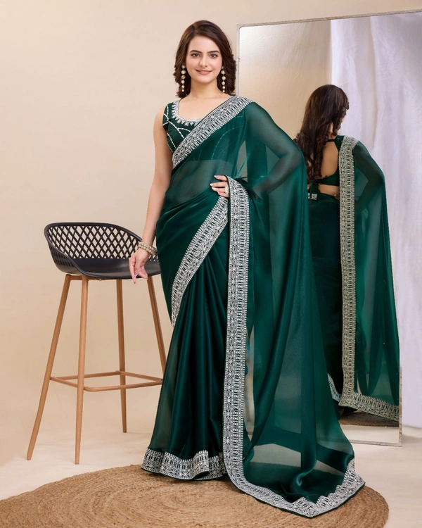 FWVLS PARTY WEAR EMBROIDERED SAREE WITH BLOUSE PIECE  - Gable Green