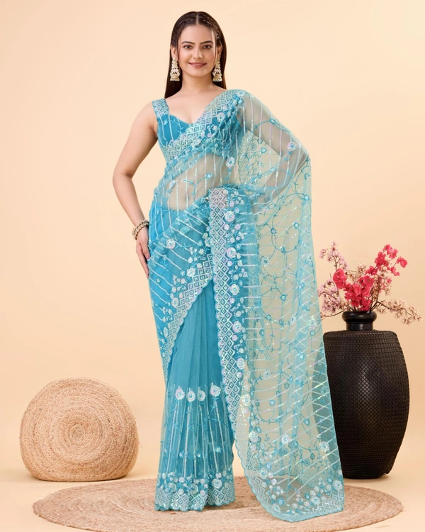 FWVLS PARTY WEAR SOFT NET EMBROIDERED DESIGNER SAREE WITH BLOUSE PIECE - Fountain Blue