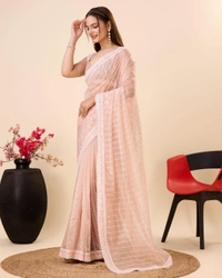FWVLS PARTY WEAR SEQUINS EMBROIDERED SOFT NET SAREE WITH BLOUSE - Peach