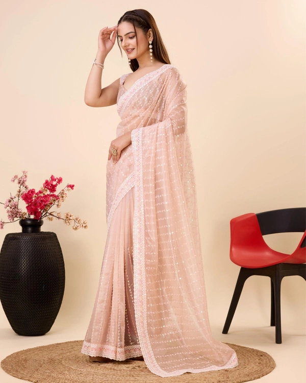FWVLS PARTY WEAR SEQUINS EMBROIDERED SOFT NET SAREE WITH BLOUSE - Peach