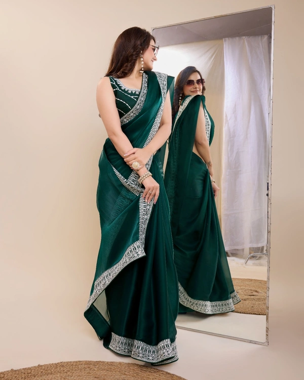 FWVLS PARTY WEAR EMBROIDERED SAREE WITH BLOUSE PIECE  - Gable Green