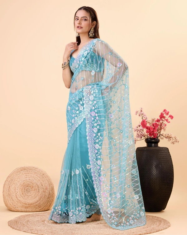 FWVLS PARTY WEAR SOFT NET EMBROIDERED DESIGNER SAREE WITH BLOUSE PIECE - Fountain Blue