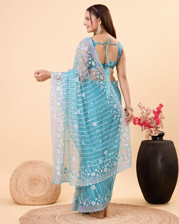 FWVLS PARTY WEAR SOFT NET EMBROIDERED DESIGNER SAREE WITH BLOUSE PIECE - Fountain Blue