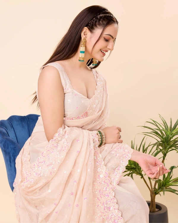 FWVLS PARTY WEAR TABBY SILK ORGANZA SAREE WITH BLOUSE PIECE - Cream