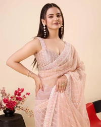 FWVLS PARTY WEAR SEQUINS EMBROIDERED SOFT NET SAREE WITH BLOUSE - Peach