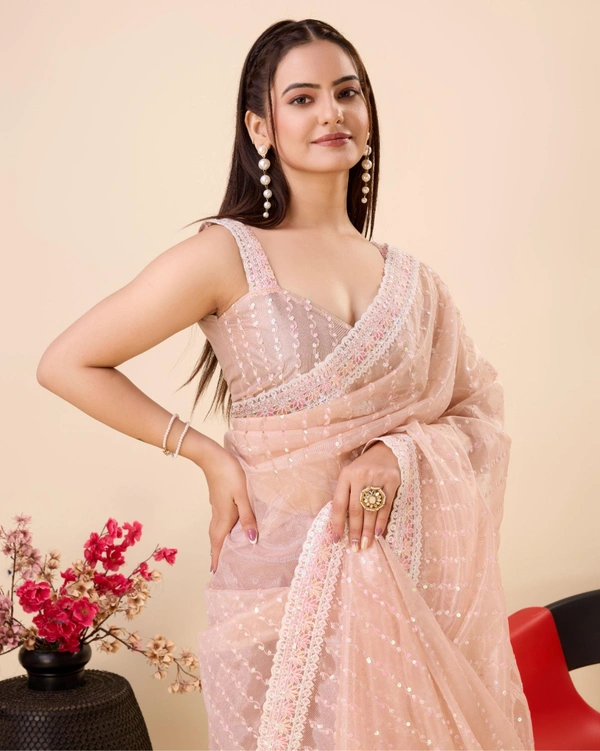 FWVLS PARTY WEAR SEQUINS EMBROIDERED SOFT NET SAREE WITH BLOUSE - Peach