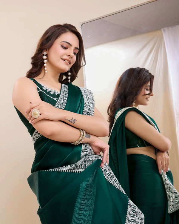 FWVLS PARTY WEAR EMBROIDERED SAREE WITH BLOUSE PIECE  - Gable Green