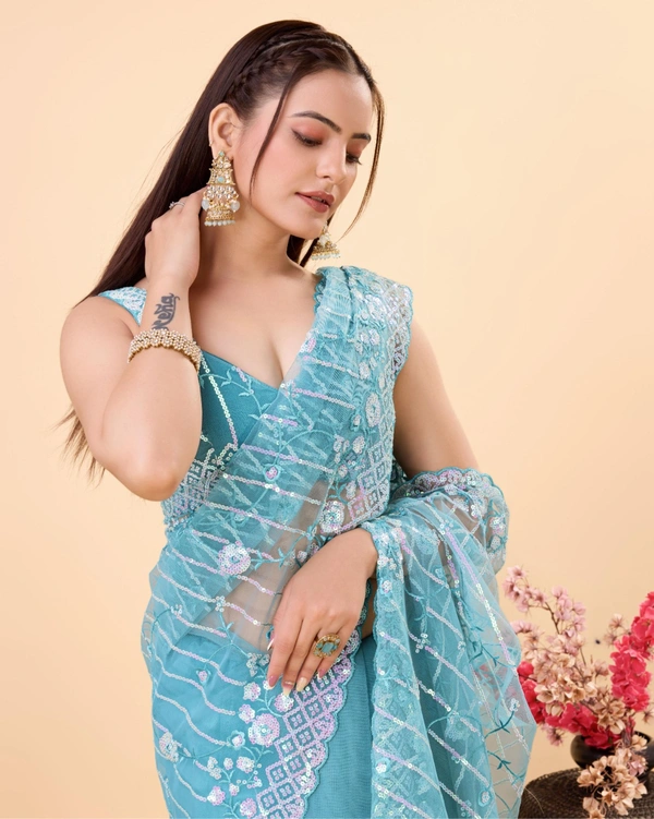FWVLS PARTY WEAR SOFT NET EMBROIDERED DESIGNER SAREE WITH BLOUSE PIECE - Fountain Blue
