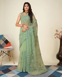 FWVLS SOFT NET CHIKANKARI EMBROIDRED SAREEE WITH BLOUSE PIECE - Pista
