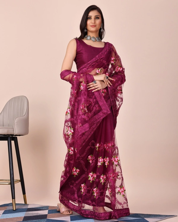 FWVLS CHIKANKARI EMBROIDERED SOFT NET SAREE WITH BLOUSE PIECE - Redish Purple