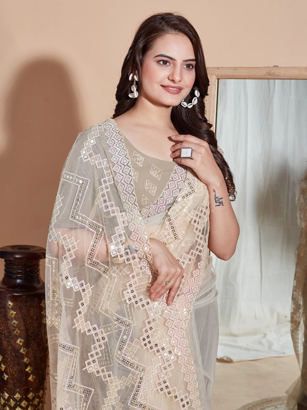 FWVLS DESIGNER SOFT NET SEQUINS WORK SAREE WITH BLOUSE PIECE - Cream
