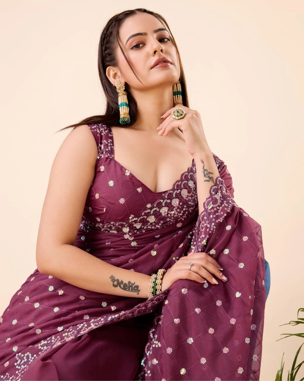 FWVLS PARTY WEAR TABBY SILK ORGANZA SAREE WITH BLOUSE PIECE - Wine