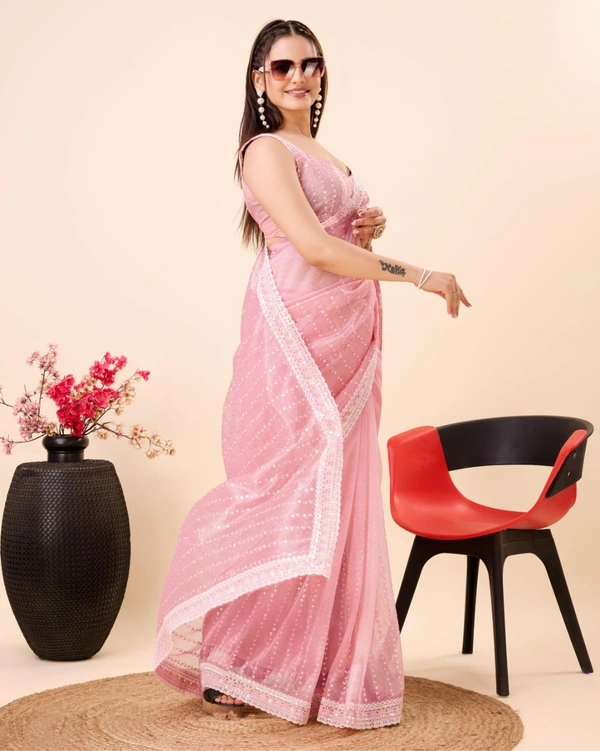 FWVLS PARTY WEAR SEQUINS EMBROIDERED SOFT NET SAREE WITH BLOUSE - Pink
