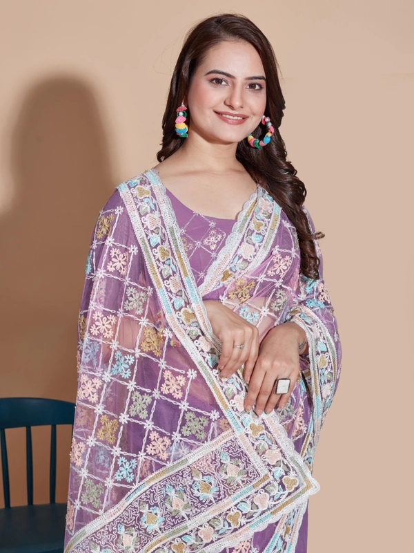 FWVLS BUTTERFLY NET PARTY WEAR EMBROIDRED SAREE WITH BLOUSE - Purple