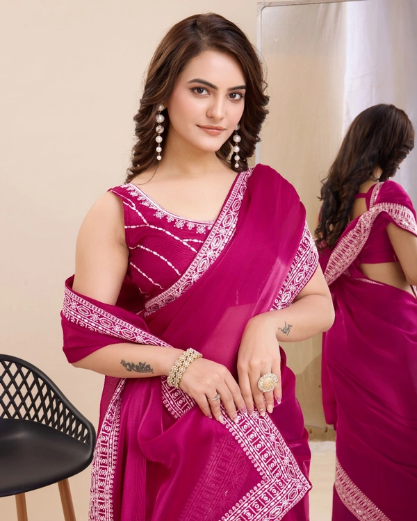 FWVLS PARTY WEAR EMBROIDERED SAREE WITH BLOUSE PIECE  - Pinkish Red