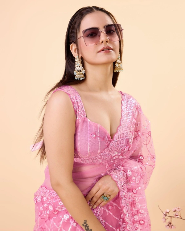 FWVLS PARTY WEAR SOFT NET EMBROIDERED DESIGNER SAREE WITH BLOUSE PIECE - Pink Salmon