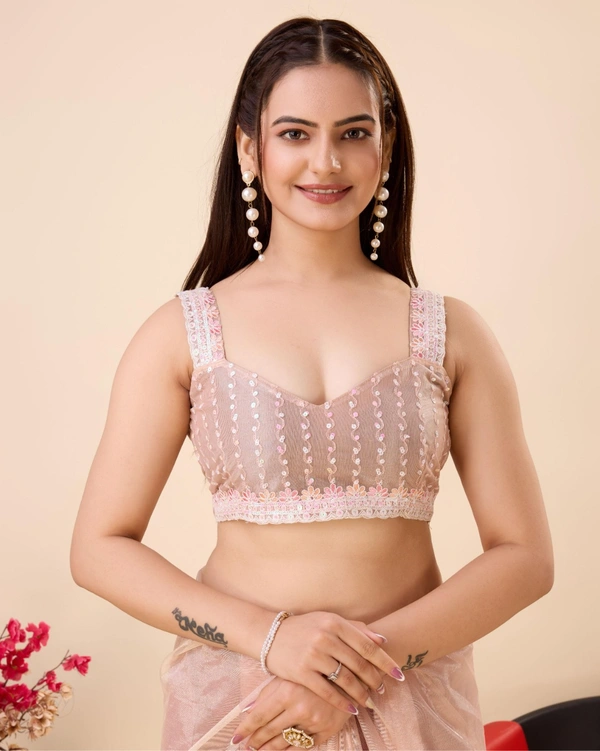 FWVLS PARTY WEAR SEQUINS EMBROIDERED SOFT NET SAREE WITH BLOUSE - Peach