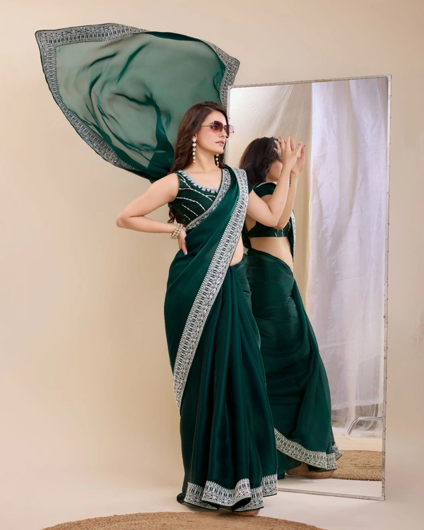 FWVLS PARTY WEAR EMBROIDERED SAREE WITH BLOUSE PIECE  - Gable Green