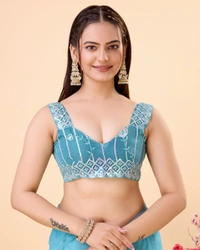 FWVLS PARTY WEAR SOFT NET EMBROIDERED DESIGNER SAREE WITH BLOUSE PIECE - Fountain Blue