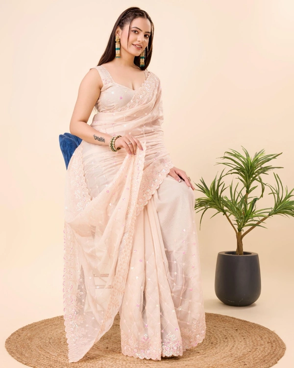 FWVLS PARTY WEAR TABBY SILK ORGANZA SAREE WITH BLOUSE PIECE - Cream