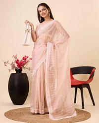FWVLS PARTY WEAR SEQUINS EMBROIDERED SOFT NET SAREE WITH BLOUSE - Peach
