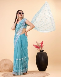 FWVLS PARTY WEAR SOFT NET EMBROIDERED DESIGNER SAREE WITH BLOUSE PIECE - Fountain Blue