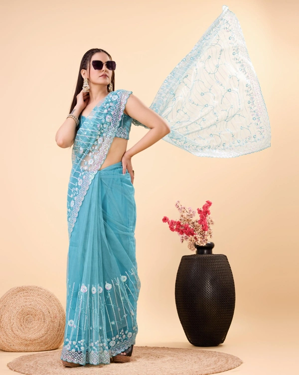 FWVLS PARTY WEAR SOFT NET EMBROIDERED DESIGNER SAREE WITH BLOUSE PIECE - Fountain Blue