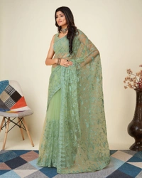 FWVLS SOFT NET CHIKANKARI EMBROIDRED SAREEE WITH BLOUSE PIECE - Pista