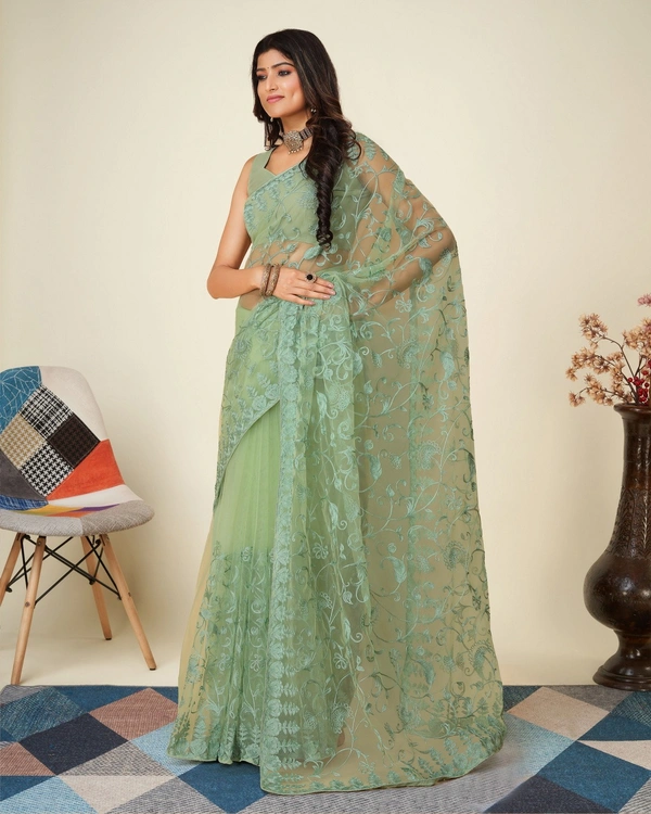FWVLS SOFT NET CHIKANKARI EMBROIDRED SAREEE WITH BLOUSE PIECE - Pista