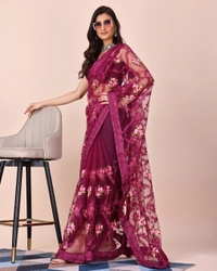 FWVLS CHIKANKARI EMBROIDERED SOFT NET SAREE WITH BLOUSE PIECE - Redish Purple
