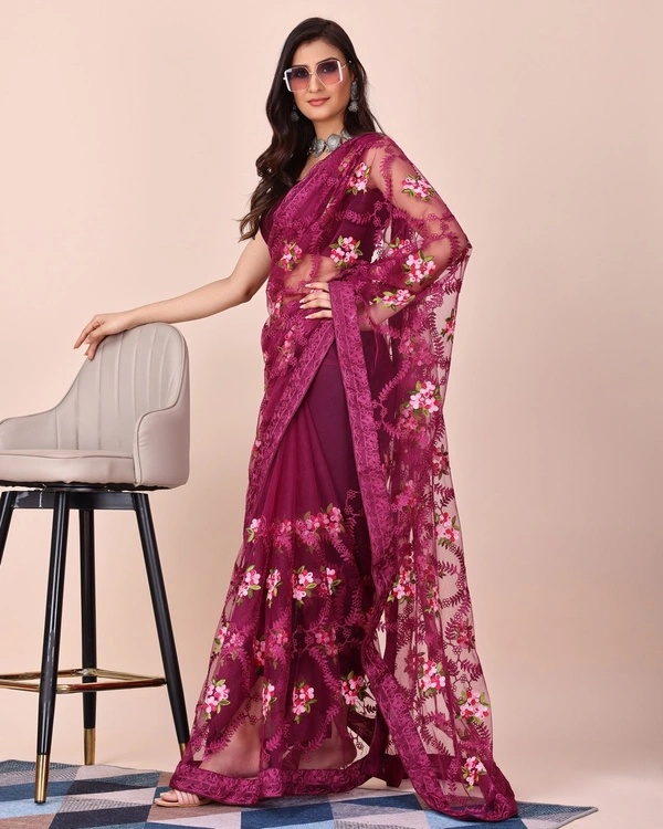 FWVLS CHIKANKARI EMBROIDERED SOFT NET SAREE WITH BLOUSE PIECE - Redish Purple