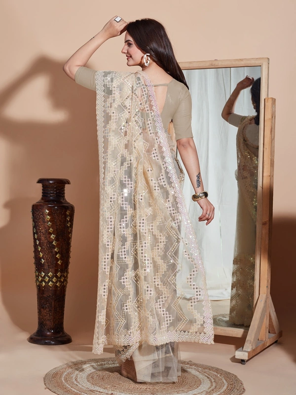 FWVLS DESIGNER SOFT NET SEQUINS WORK SAREE WITH BLOUSE PIECE - Cream