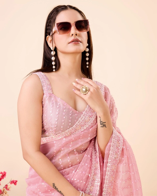 FWVLS PARTY WEAR SEQUINS EMBROIDERED SOFT NET SAREE WITH BLOUSE - Pink