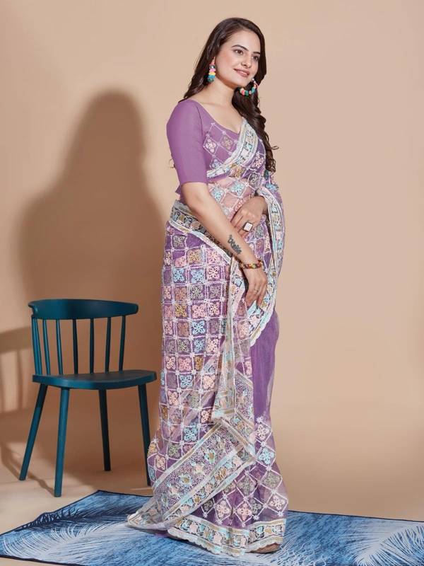 FWVLS BUTTERFLY NET PARTY WEAR EMBROIDRED SAREE WITH BLOUSE - Purple