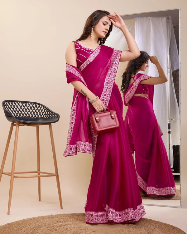 FWVLS PARTY WEAR EMBROIDERED SAREE WITH BLOUSE PIECE  - Pinkish Red