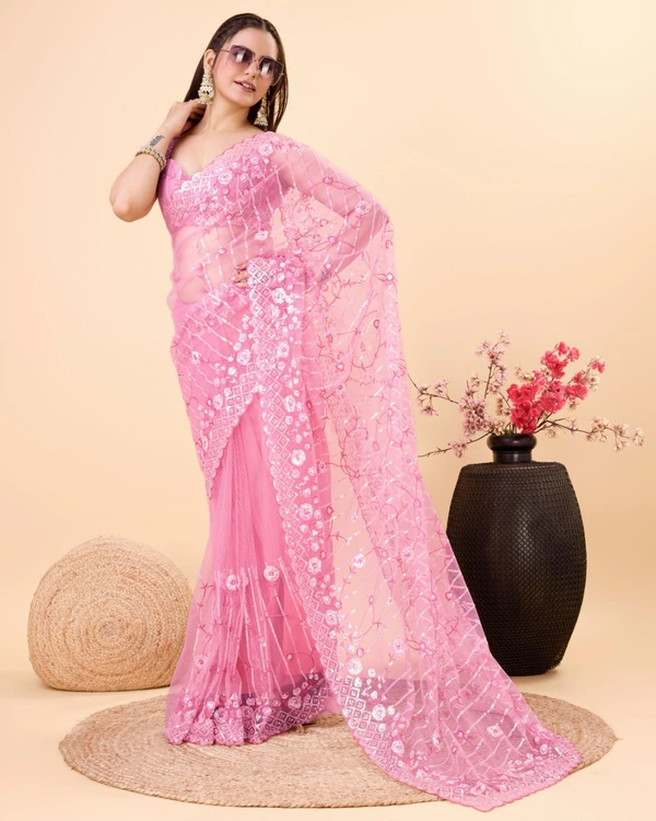 FWVLS PARTY WEAR SOFT NET EMBROIDERED DESIGNER SAREE WITH BLOUSE PIECE - Pink Salmon