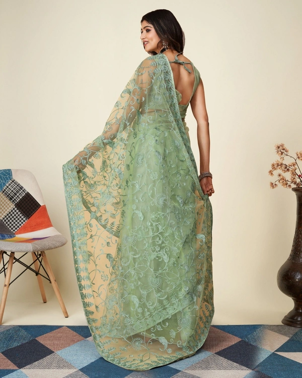 FWVLS SOFT NET CHIKANKARI EMBROIDRED SAREEE WITH BLOUSE PIECE - Pista