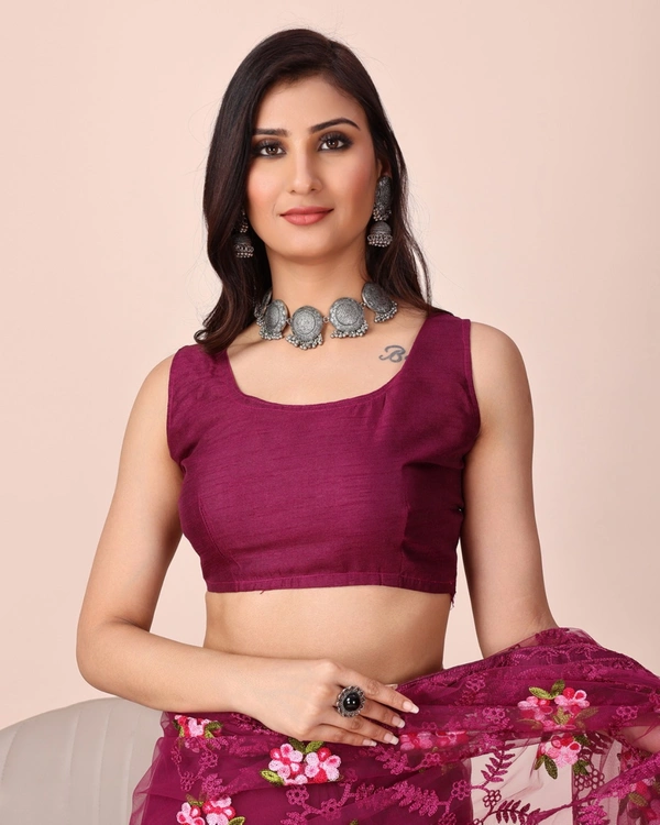 FWVLS CHIKANKARI EMBROIDERED SOFT NET SAREE WITH BLOUSE PIECE - Redish Purple