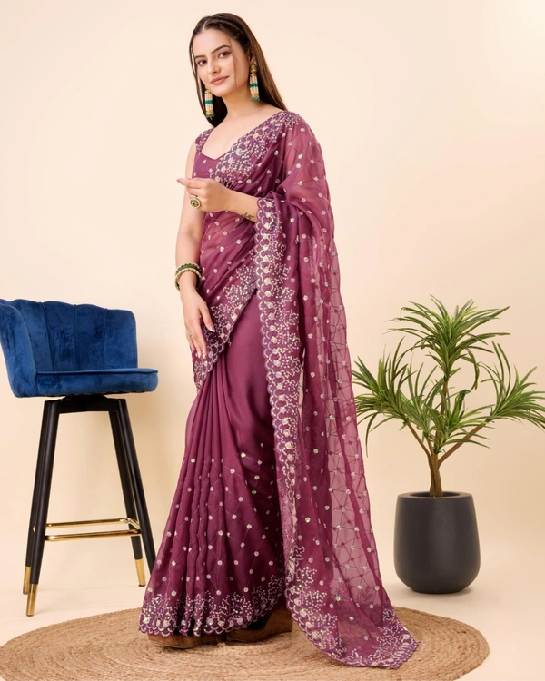 FWVLS PARTY WEAR TABBY SILK ORGANZA SAREE WITH BLOUSE PIECE - Wine