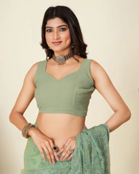 FWVLS SOFT NET CHIKANKARI EMBROIDRED SAREEE WITH BLOUSE PIECE - Pista